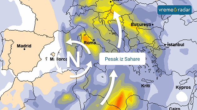 Ciklon iznad zapadnog Mediterana prenosi pesak/prašinu iz Sahare preko Sredozemnog mora ka Evropi.